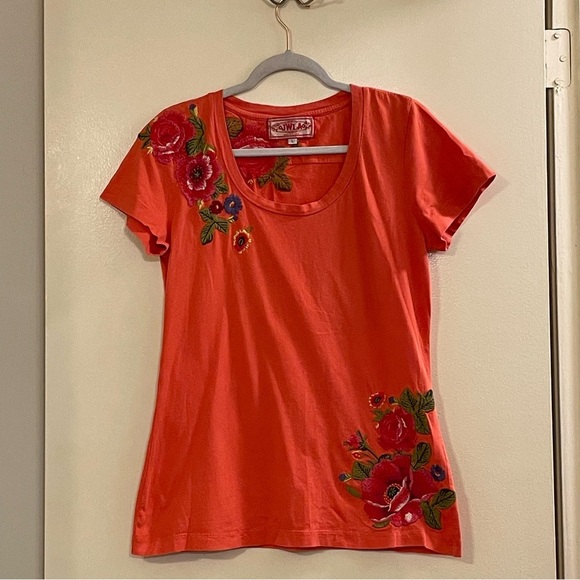 JOHNNY WAS Floral Embroidered Shirt in Orange - Picture 1 of 5